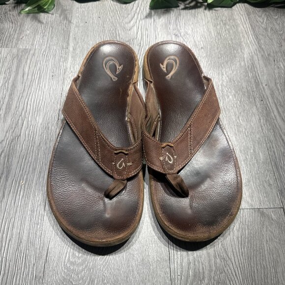Olukai Nui Flip Flop Sandals Mens Size 14 Shoes Brown Leather Beach